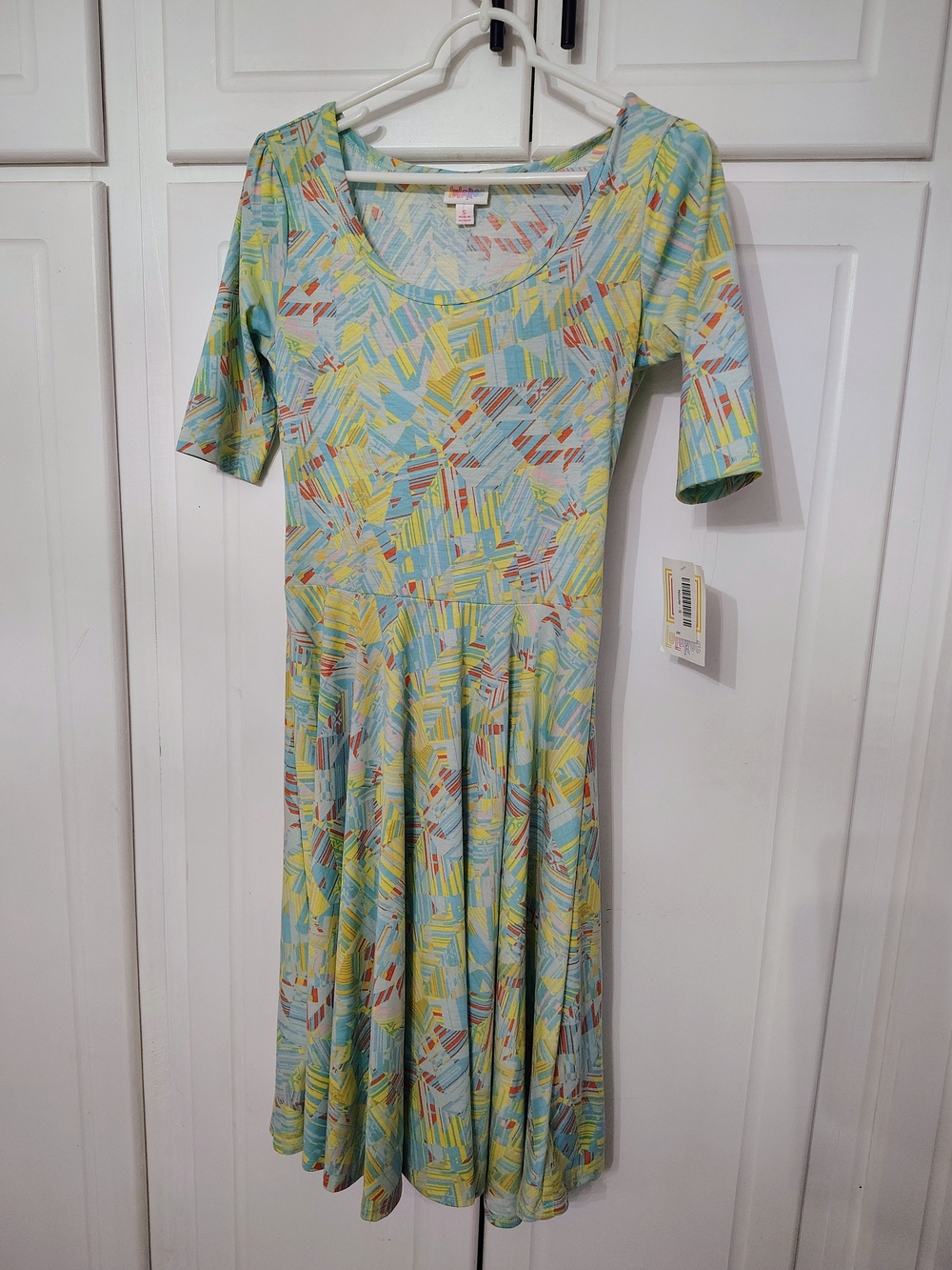 LuLaRoe Scoop Neck Midi Dress in Light Blue, Yellow & Coral Geometric Print
